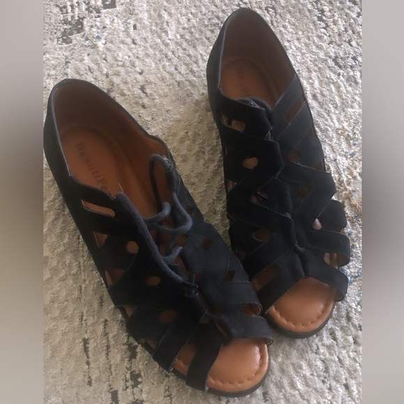 Beautifeel Edyta Black Suede Lace Up Cutout Fisherman Wedge Sandals 40 - Picture 1 of 9